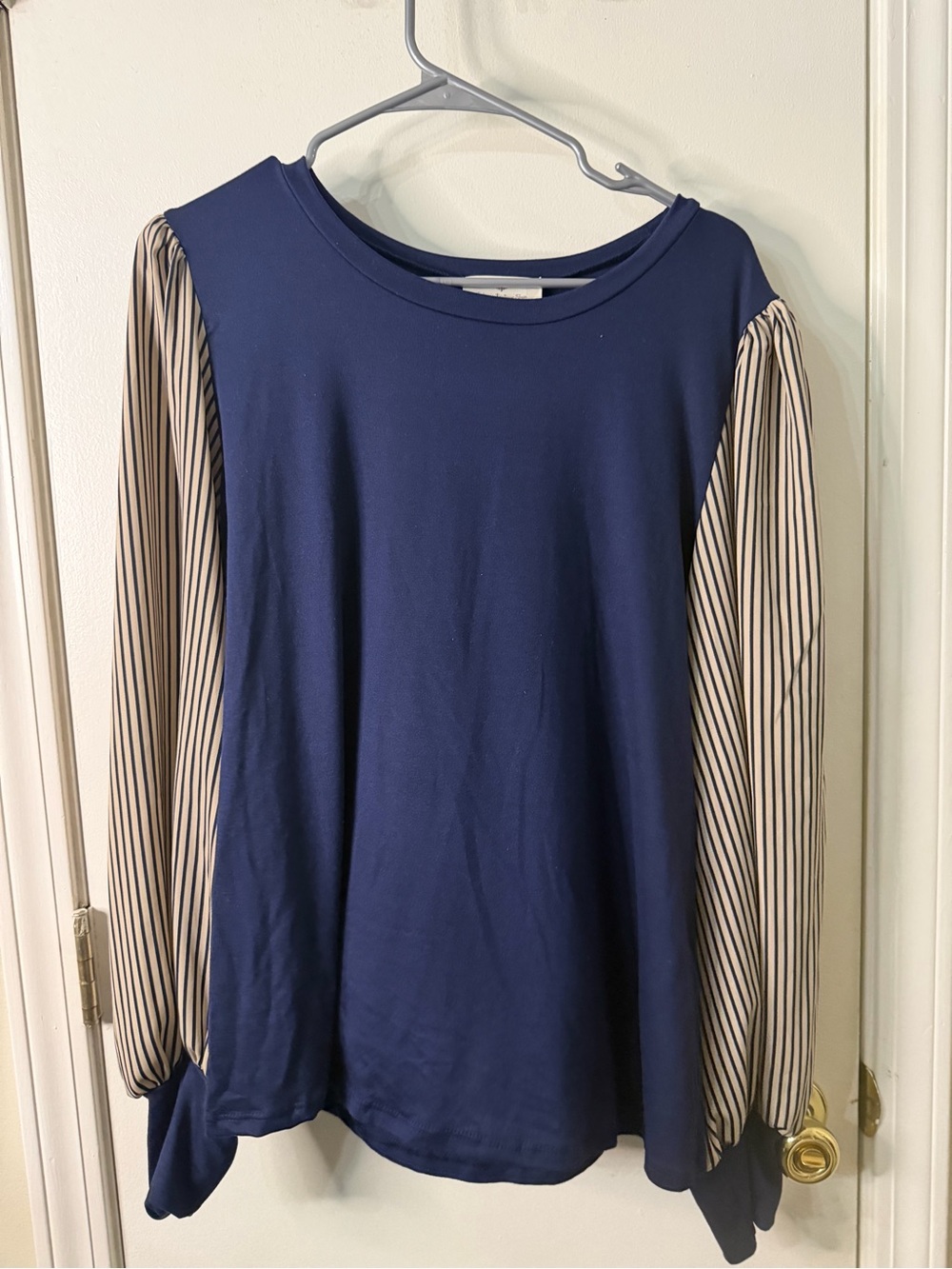 Navy Knit Top with Striped Sleeves